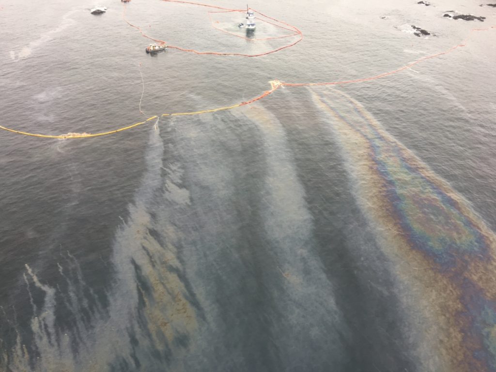 Diesel sheen breaching containment booms off the coast of Bella Bella, B.C. Photo caption: Heilstuk First Nation