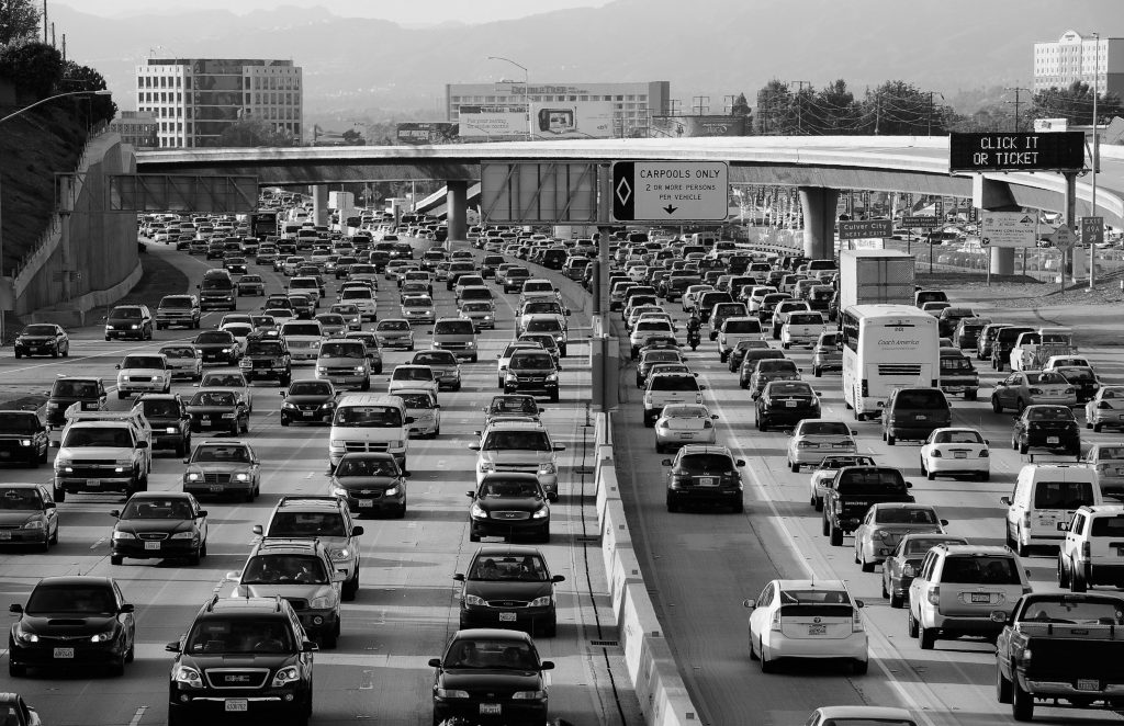 Highway with bumper-to-bumper traffic jam