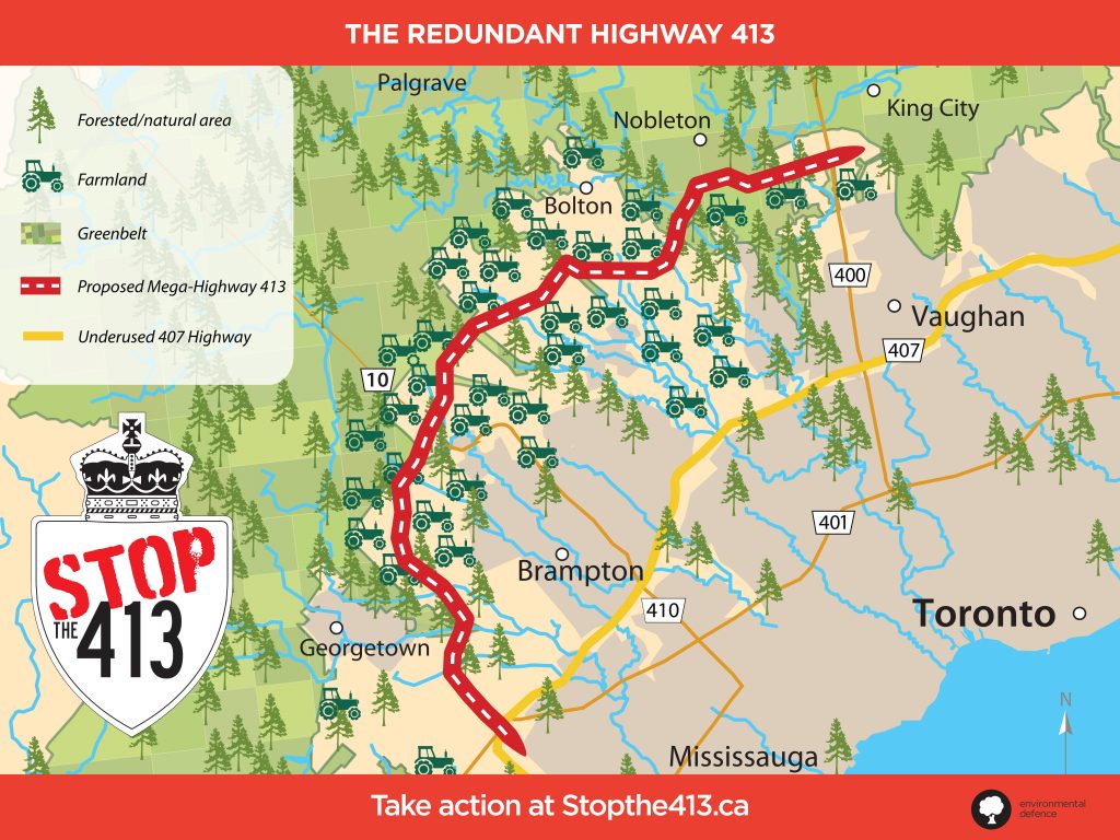 Map of the proposed GTA West Highway, running through Greenbelt protected land. 