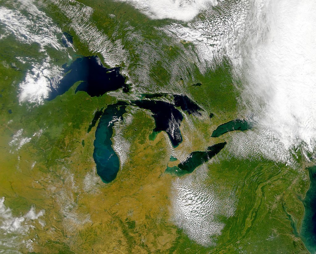 A view of the Great Lakes from SeaWiFS satellite. True color. Satellite: OrbView-2. Sensor: SeaWiFS. Image Date: 9-17-1999. Image from NASA Visible Earth web site: http://visibleearth.nasa.gov For research and educational purposes only. Permission required from Orbimage for commercial use, http://www.orbimage.com.