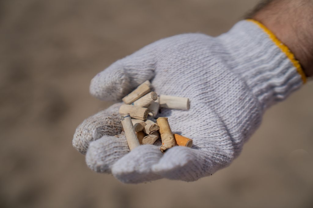 A gloved hand holds a pile of cigarette butts from the beach cleanup