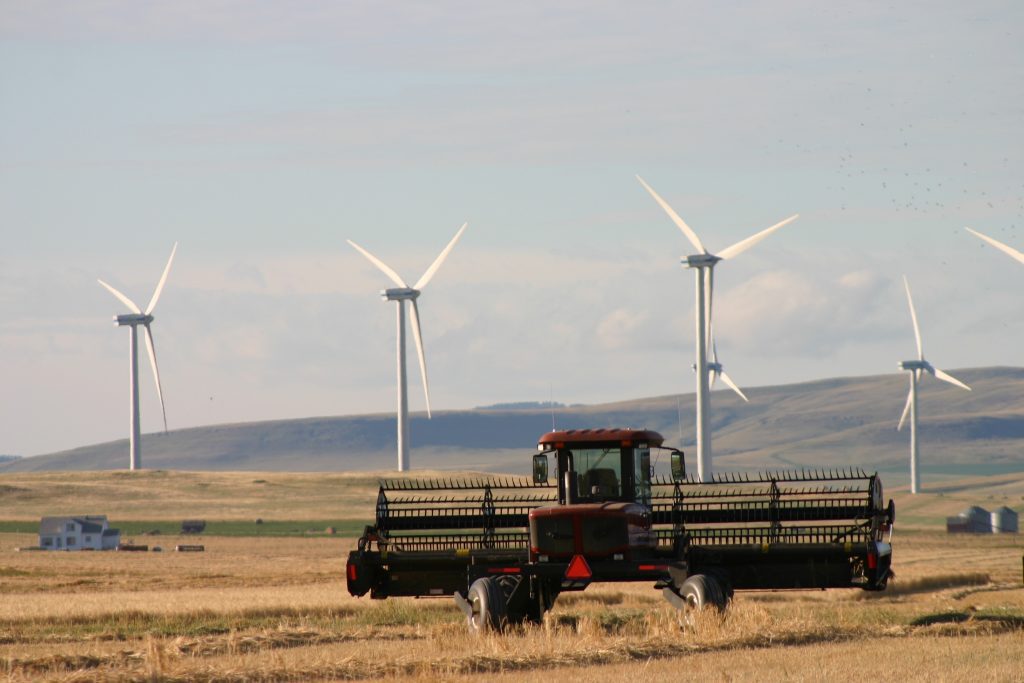 The Summerview wind farm north of Pincher Creek, Alberta with renewable energy wind turbines