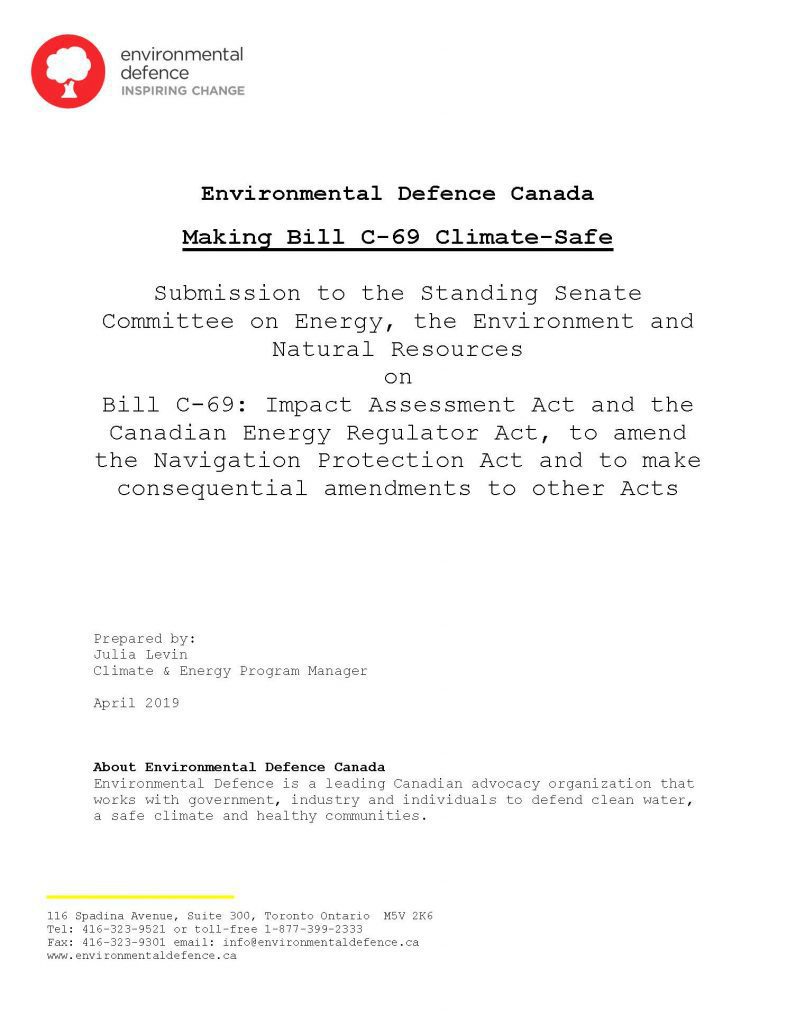 The cover of Environmental Defence's submission to the Senate on Bill C-69