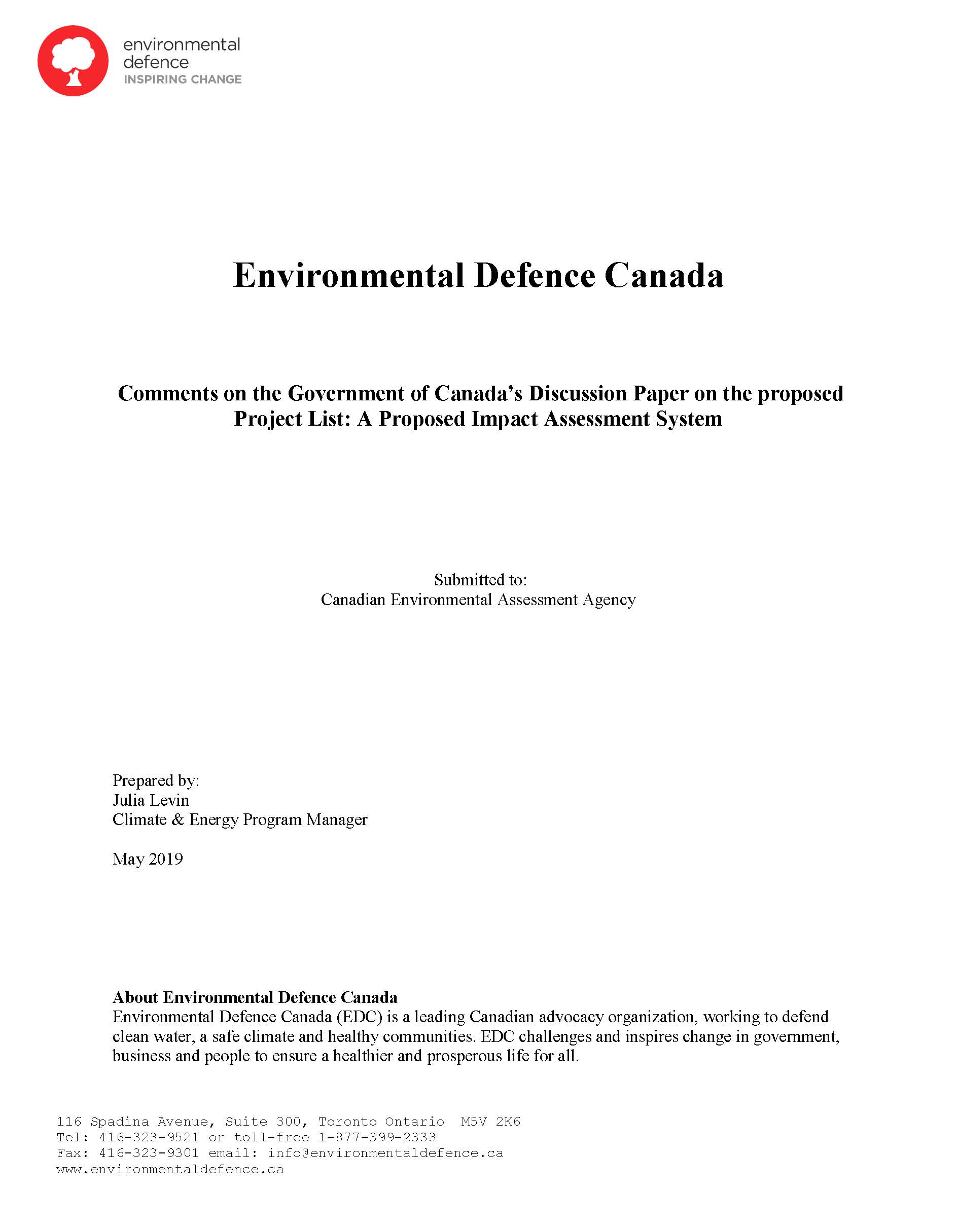 The cover of Environmental Defence's submission to the Canadian Environmental Assessment Agency on the Project List of Bill C-69