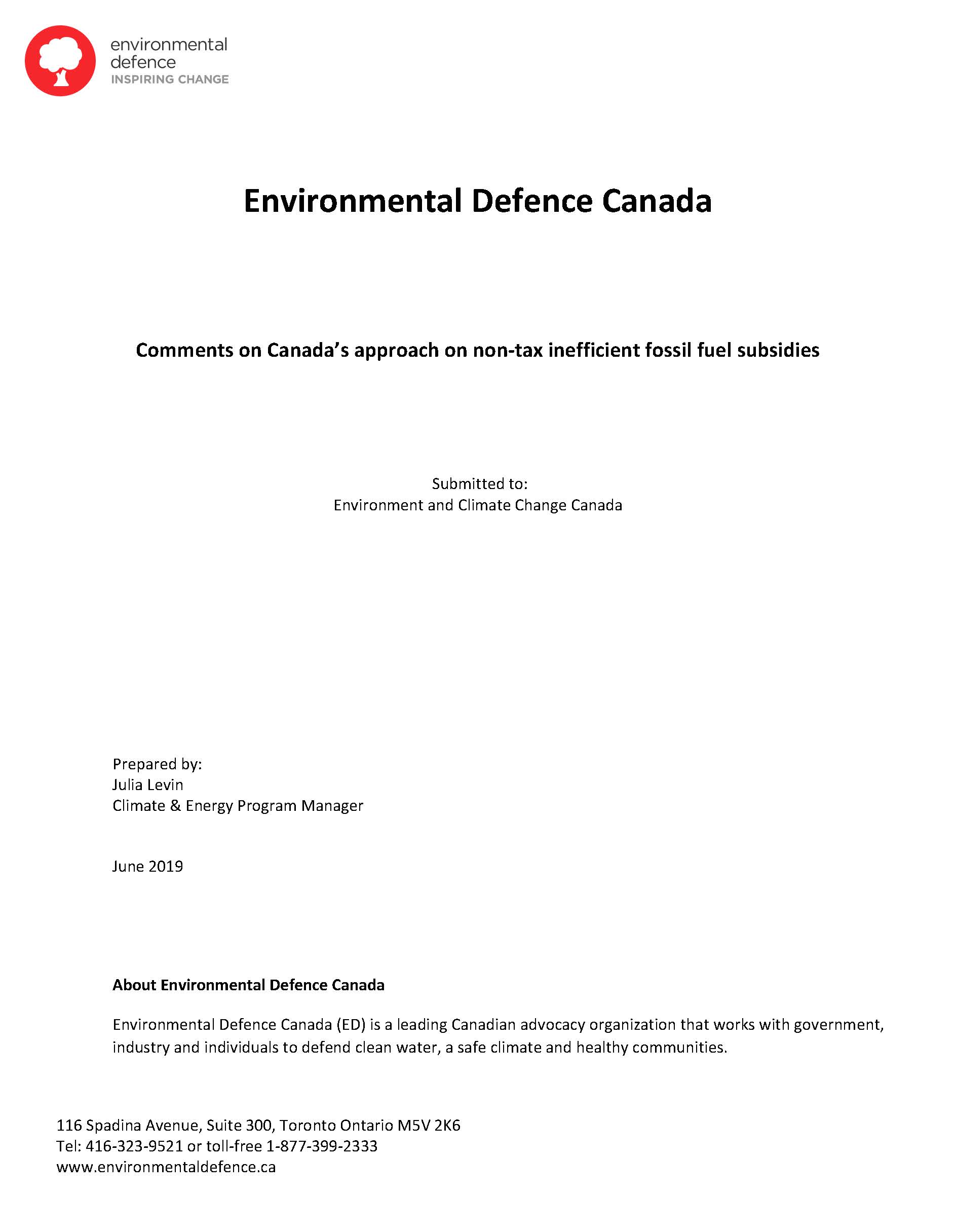 The cover of Environmental Defence's submission on non-tax subsidies that support the oil and gas industry