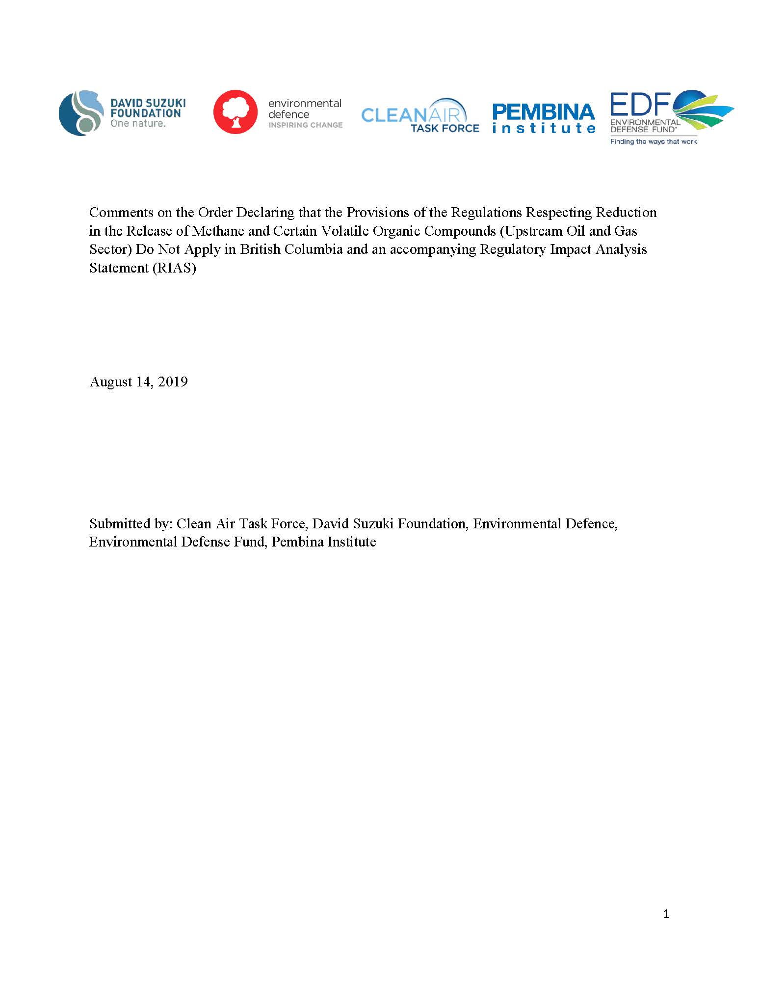 Cover of NGO comments on proposed methane equivalency agreement with BC