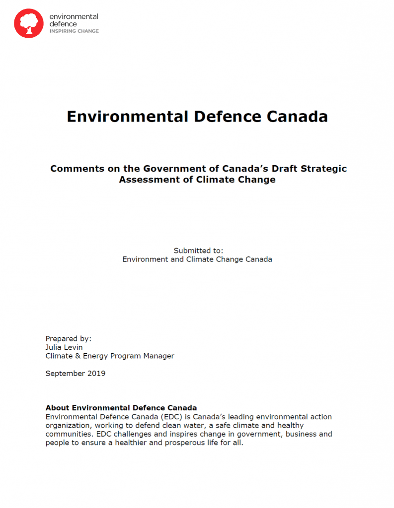 The cover of Environmental Defence's submission on the draft Strategic Assessment of Climate Change