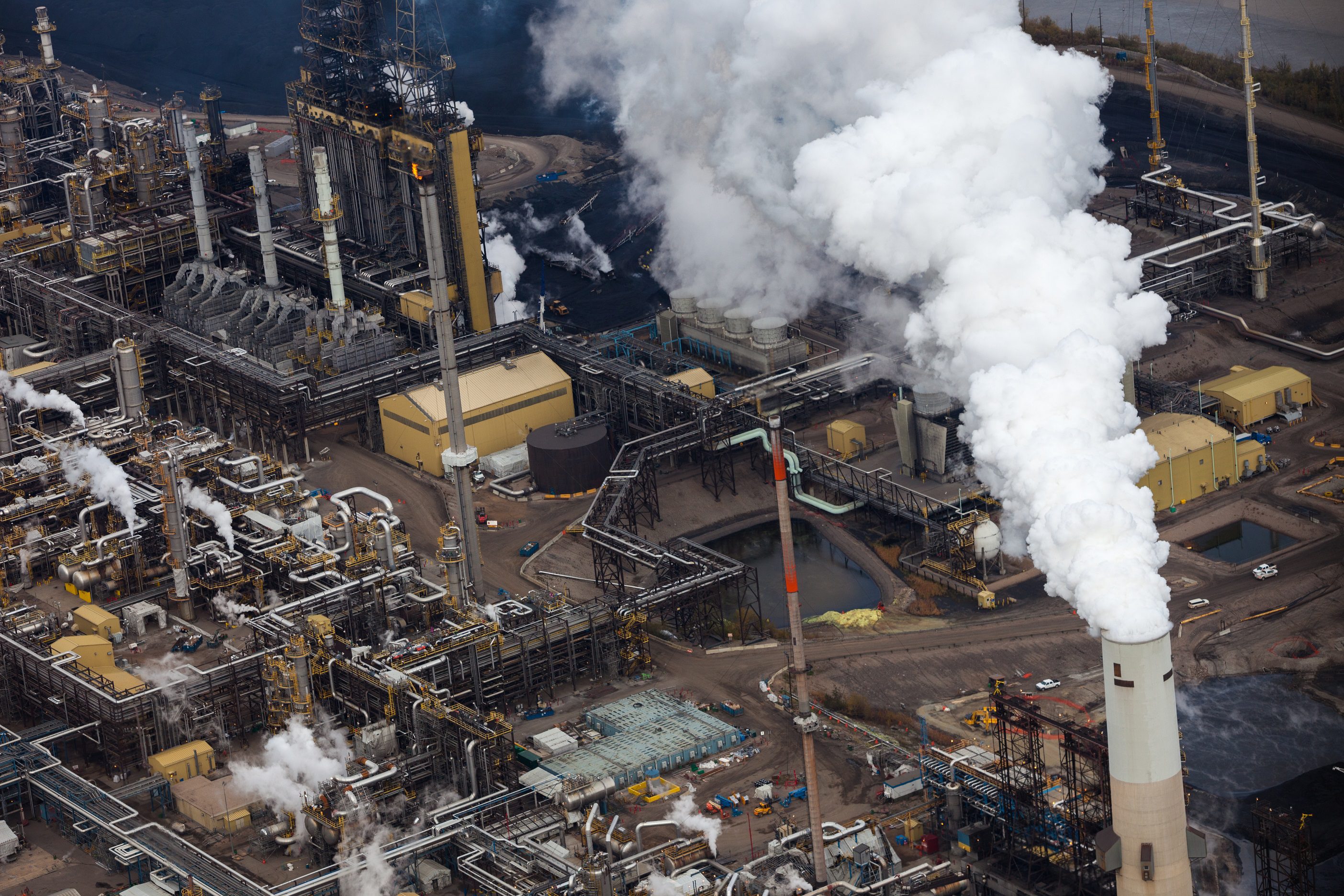 "Close-up aerial photo of an oil refinery in the Alberta Oilsands, near Fort McMurray."