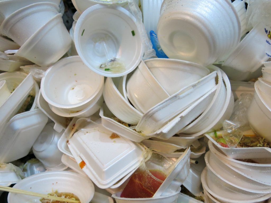 Bangkok, Thailand – November 9, 2013: Litter of Foam food containers in the garbage bins near the area of anti-government rally in Bangkok, Thailand.