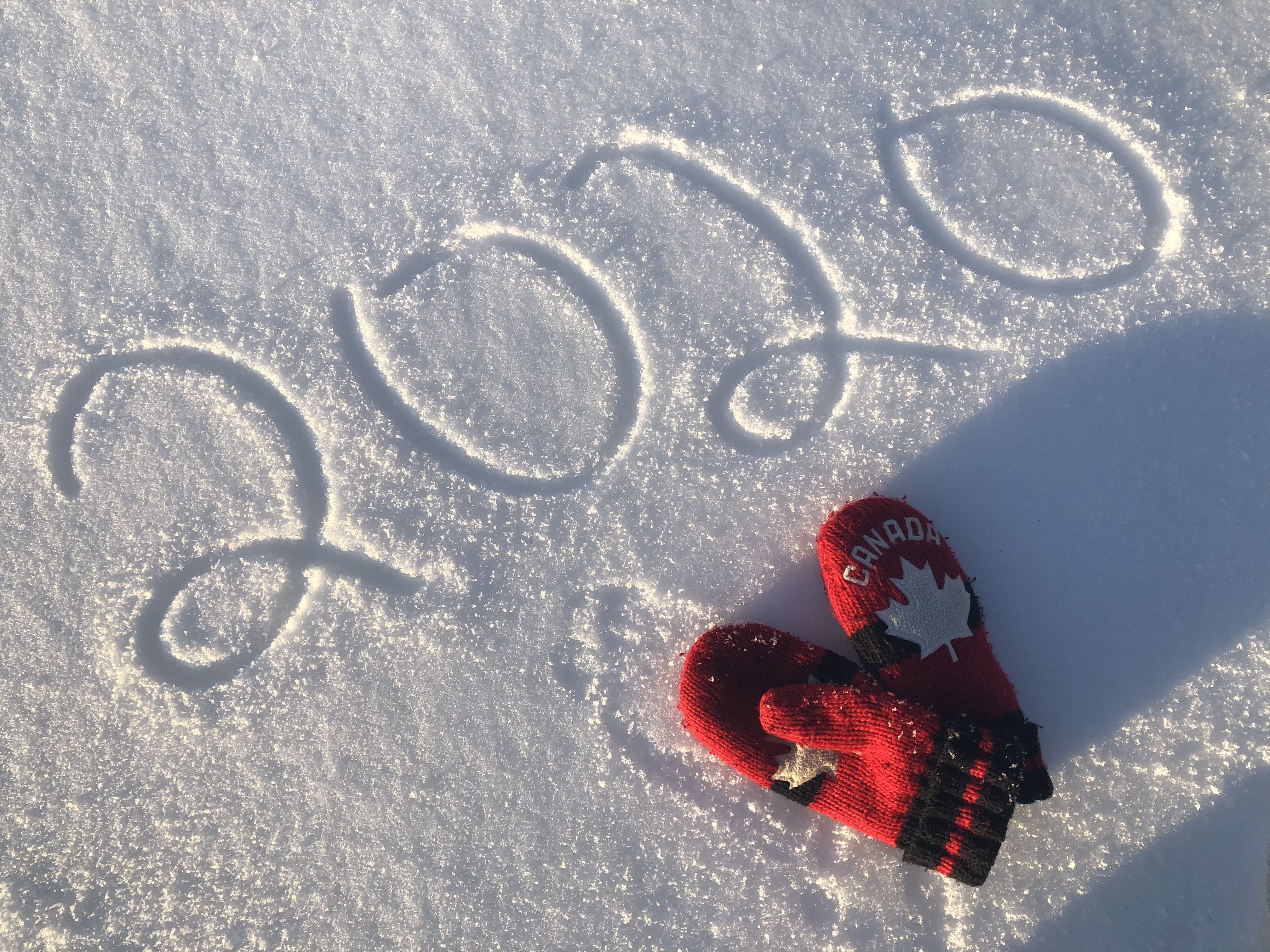 The year 2020 written in snow. Nearby sits a red pair of Canada mittens.