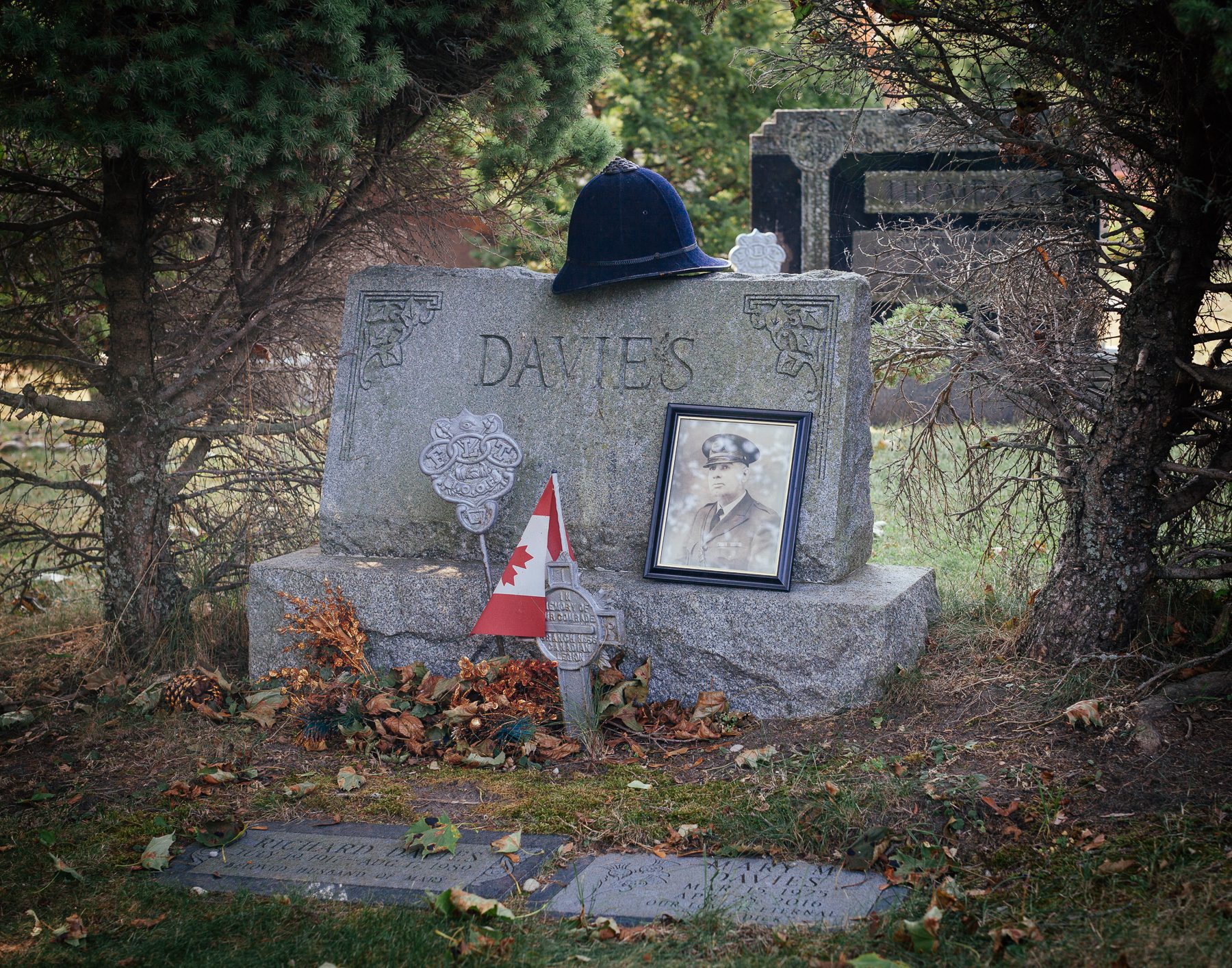 Fred's grandfather's "bobby hat" on his grave at the Oakwood Cemetery. Most of Fred's family members are buried here, including his parents, aunts, and uncles. 