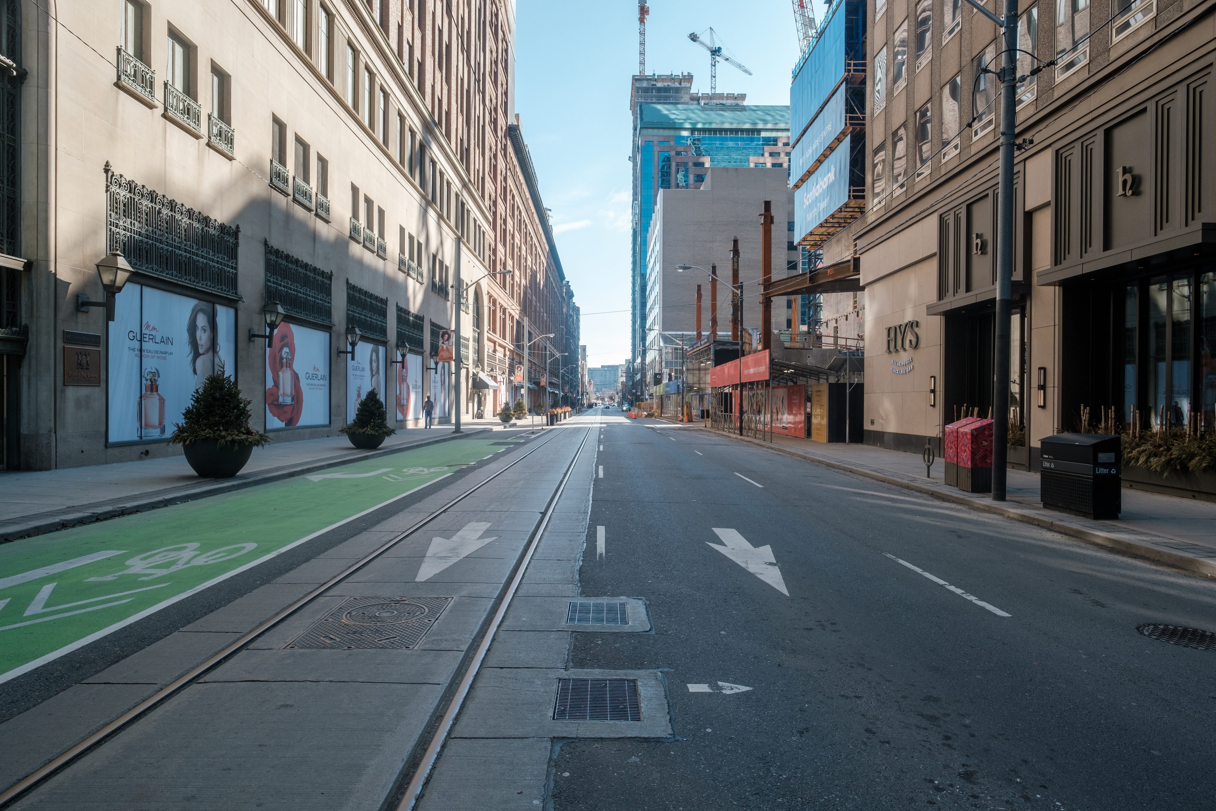 Toronto, Ontario, Canada, March 2020 during the COVID-19 pandemic. Photo is taken in the city center and downtown business district area under pandemic lockdown.