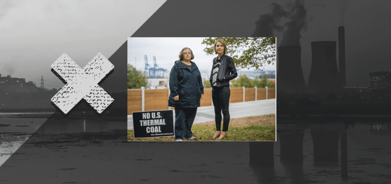 Left: Christine Dujmovich. Right: Paula Williams. In front of Fraser Surrey Docks, the proposed location of the thermal coal facility. Photo credit Adrian MacNair.