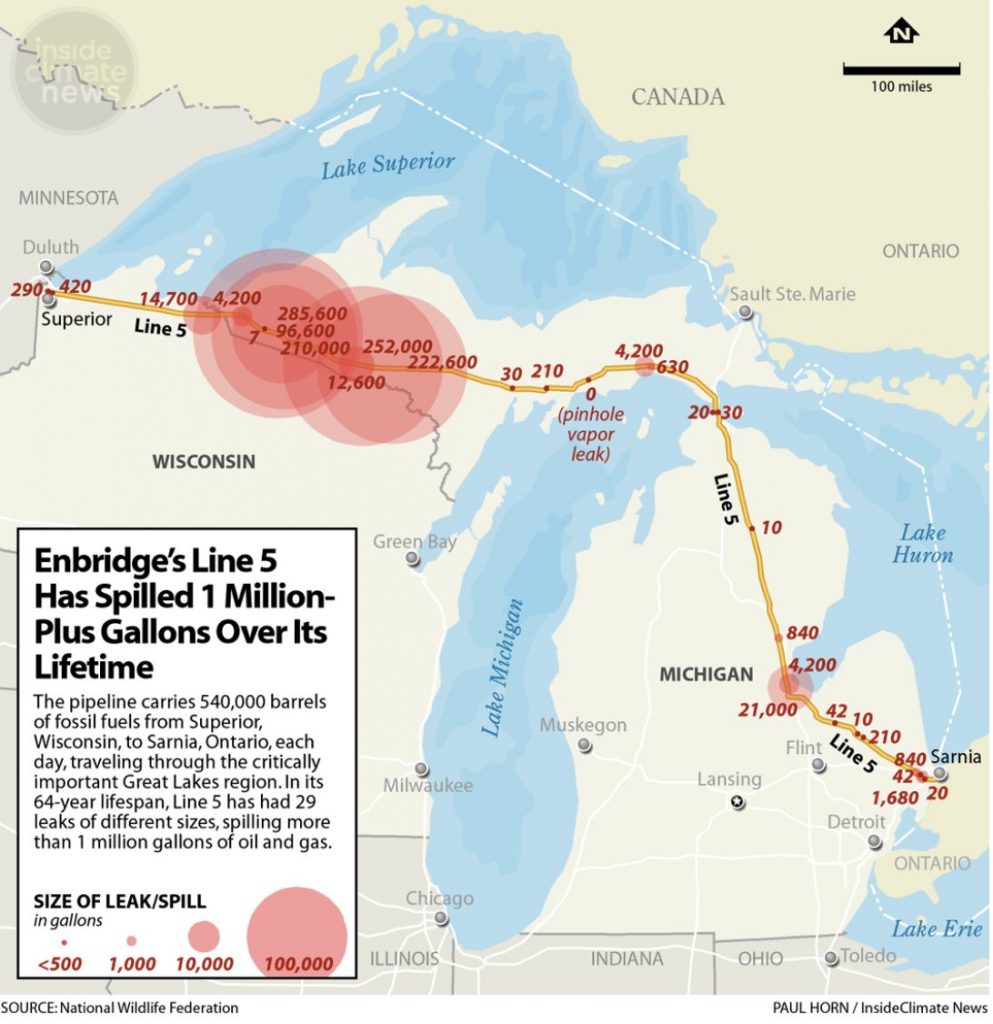 This map shows Line 5's oil spills during the pipeline's 68 year lifetime