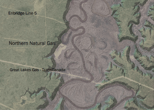 Topography image showing how Mashkiiziibii meanders and oxbow lakes form in the area where Line 5 intersect the river.