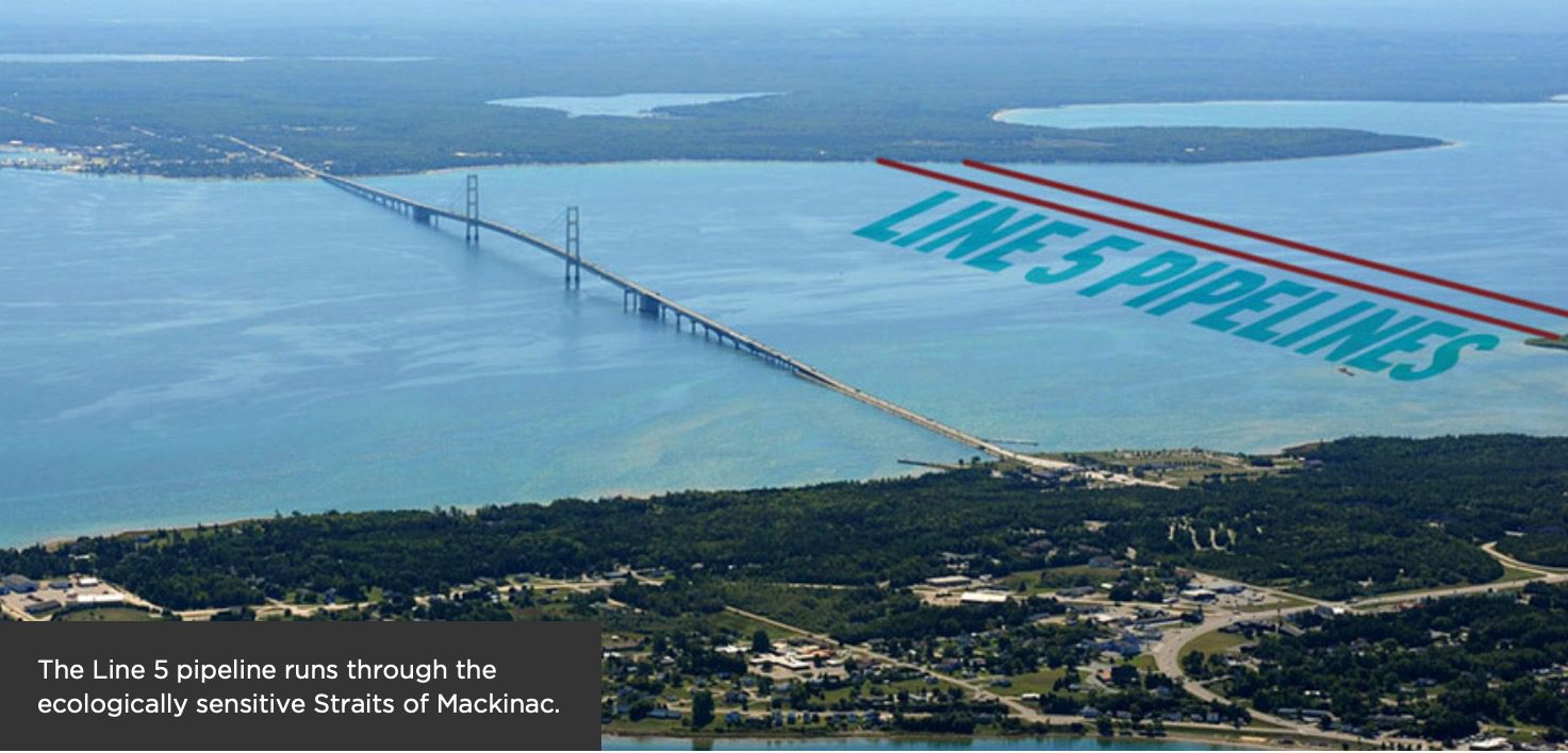 continues east to cut through the sacred and ecologically precious Straits of Mackinac, which connects Lake Superior to Lake Huron