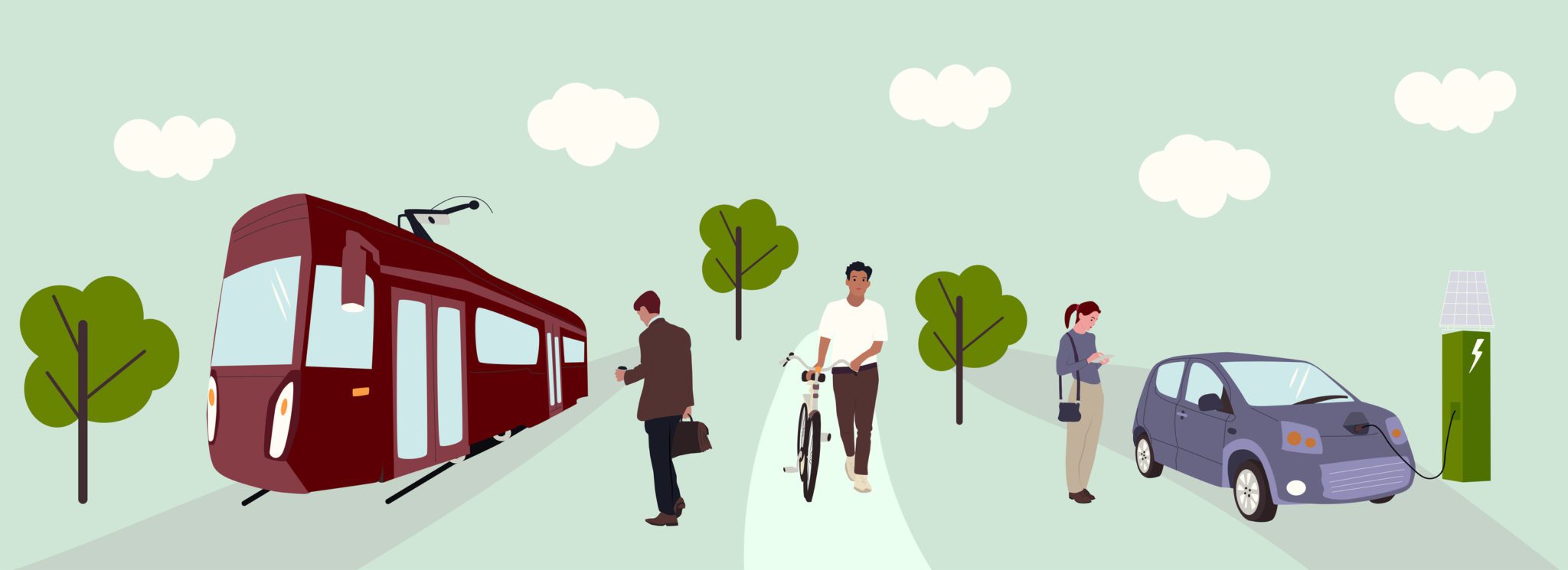 Eco transport and people concept. Man going to tram, woman charging electro car, guy with bicycle.