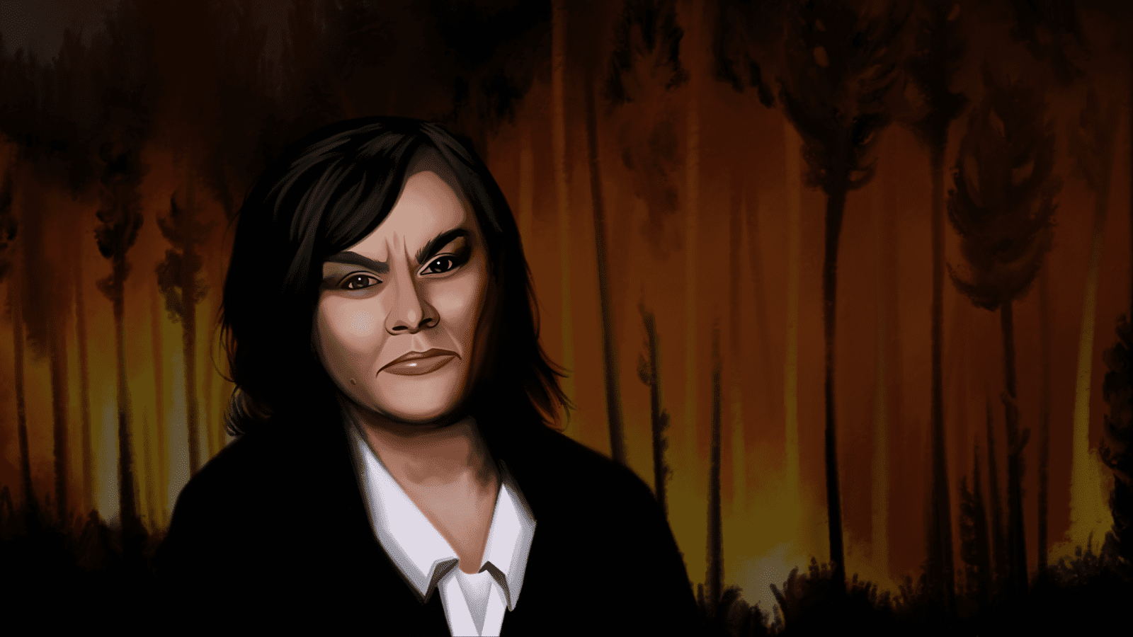 Illustration of Lisa Baiton in front of a burning forest