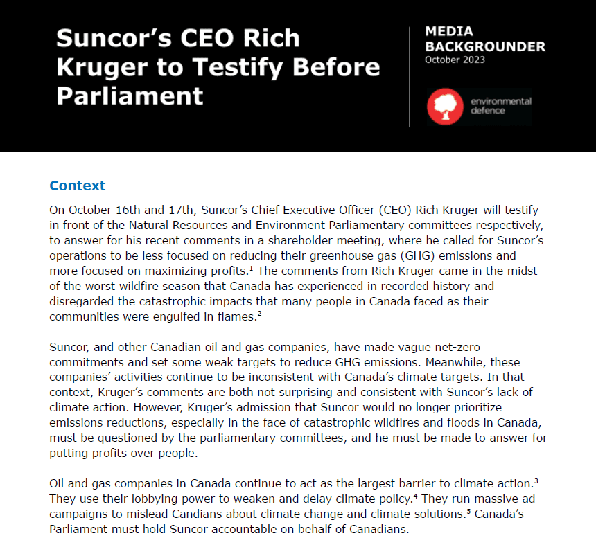 The cover of Environmental Defence Backgrounder on Suncor's CEO Rich Kruger to testify before Parliament