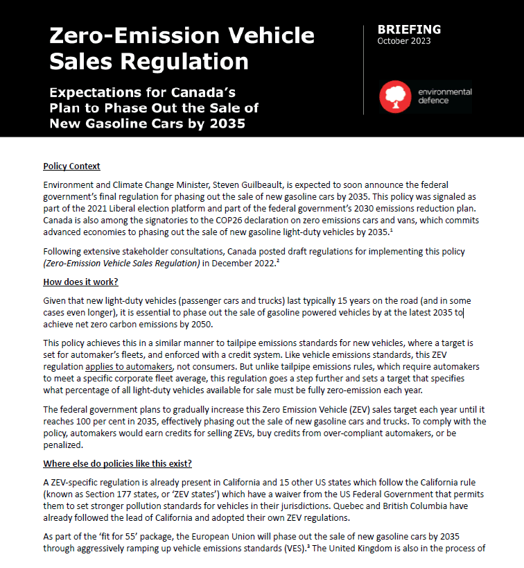 The cover of Environmental Defence Briefing ZEV Sales Regulation CG2