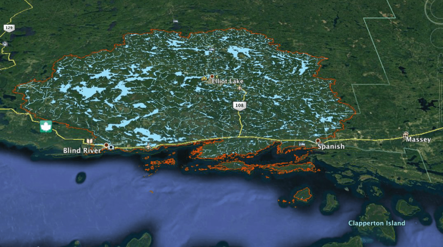 Areal map of the north shore of Lake Huron around Elliot Lake.