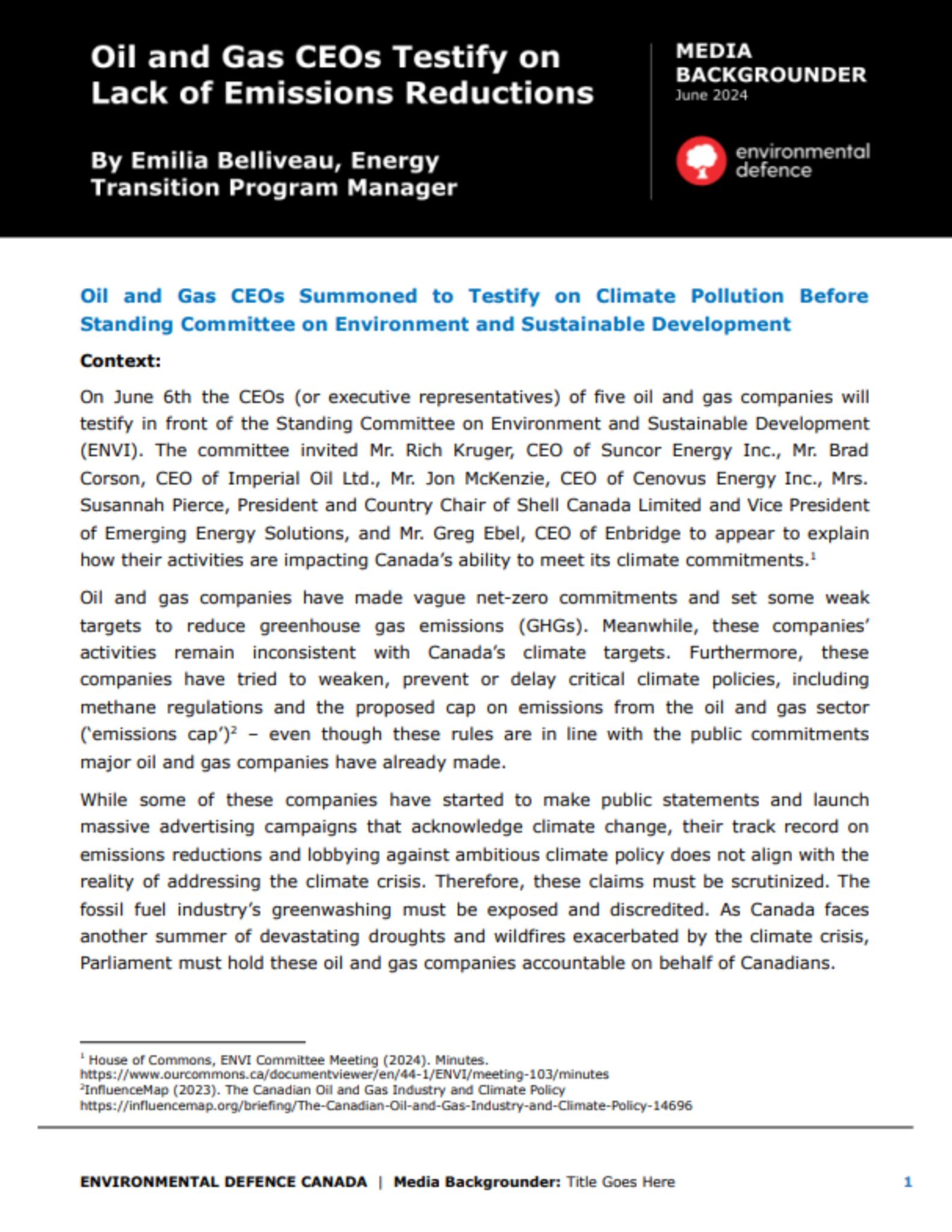 The cover of Environmental Defence Backgrounder on Oil and Gas CEOs to Testify on Climate P0llution Before Standing Committee on Environment and Sustainable Development