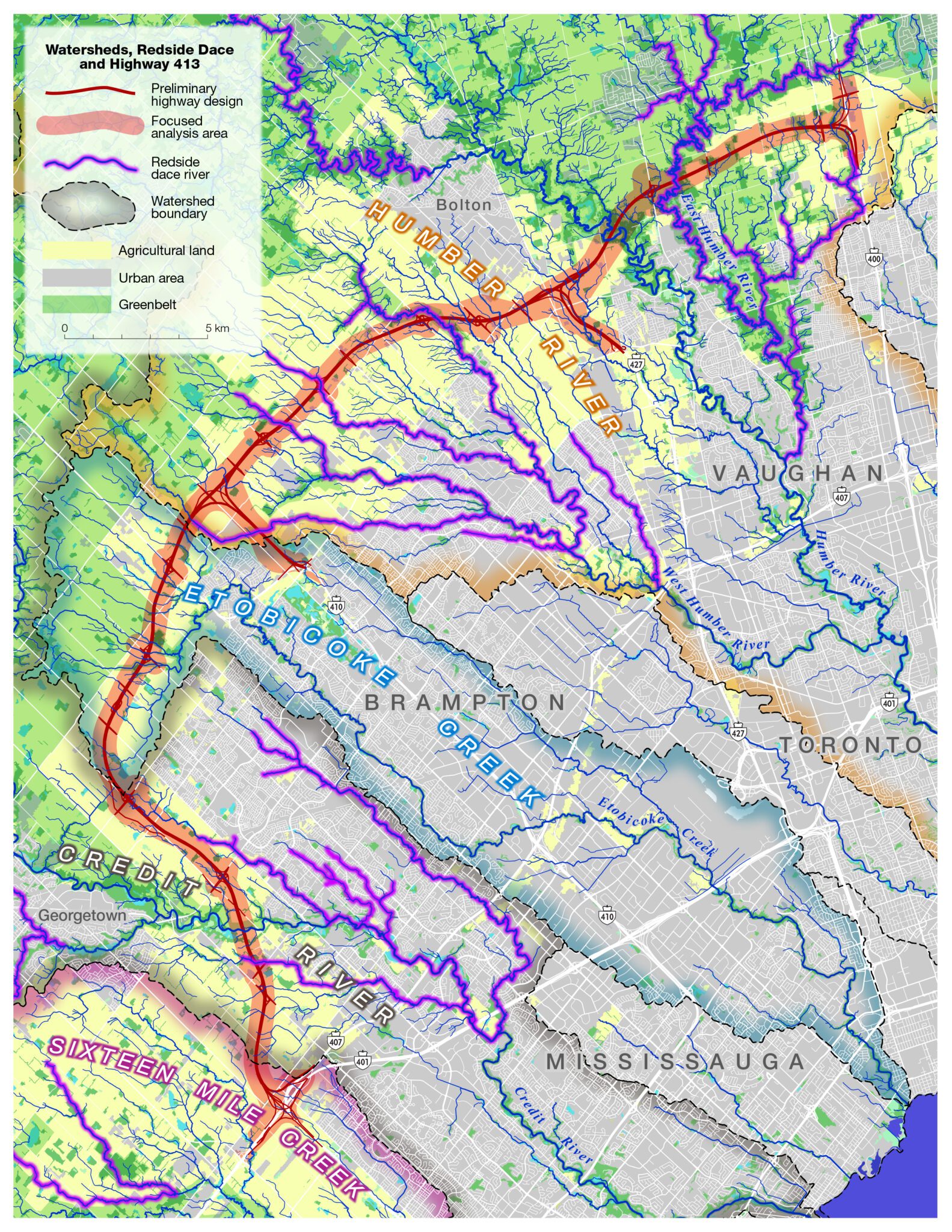 Map highlighting where the proposed highway 413 route will cut through watersheds.