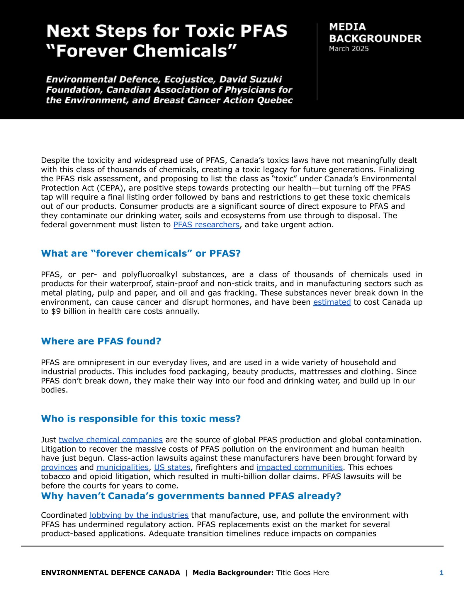 The cover of Environmental Defence Backgrounder on PFAS