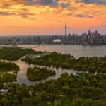 Aerial view of Toronto skyline from Toronto Island at sunset, Toronto, Ontario, Canada.