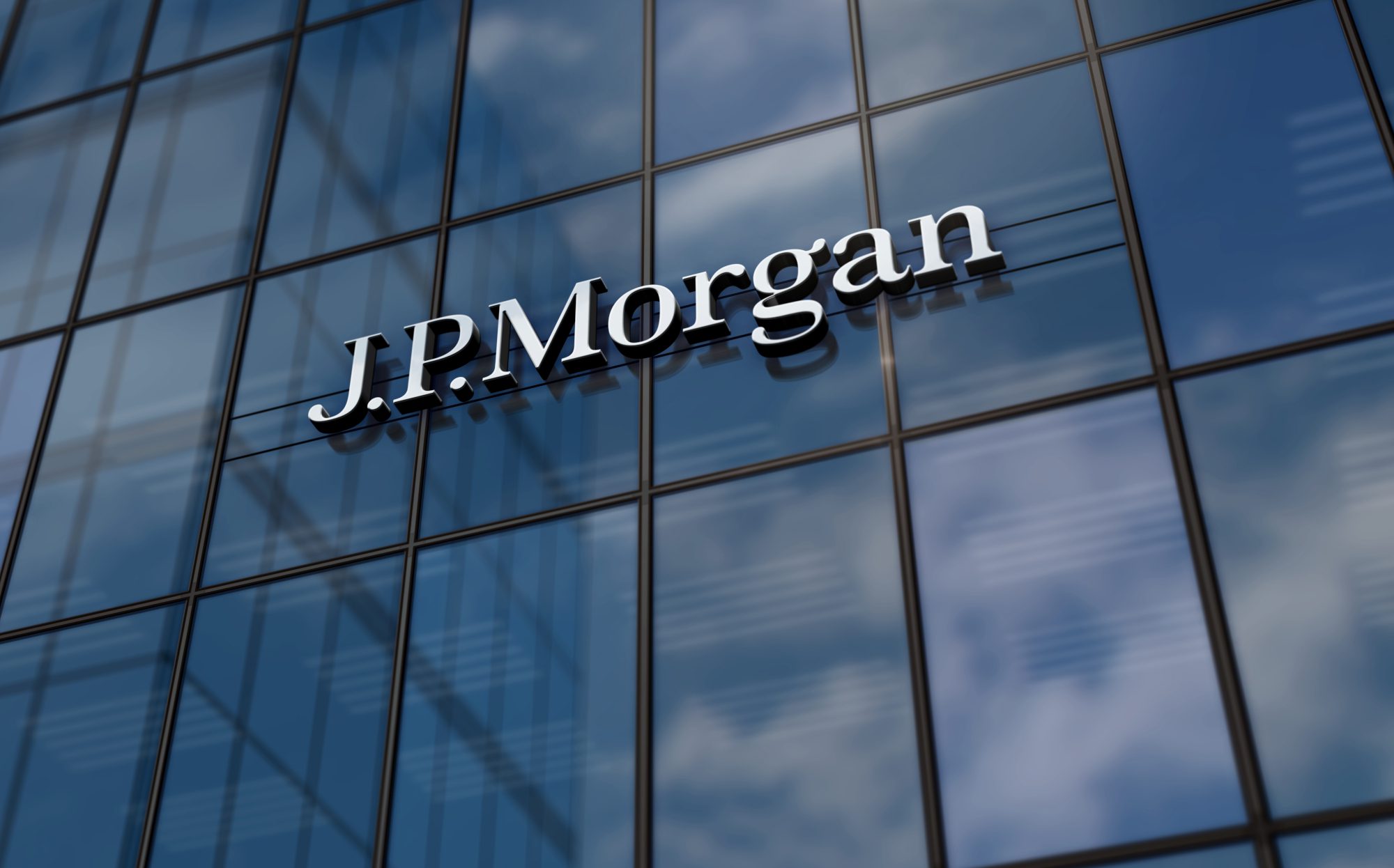 New York, USA, May 31, 2023: J.P.Morgan bank corporation headquarters glass building concept. JP Morgan banking company symbol on front facade 3d illustration.